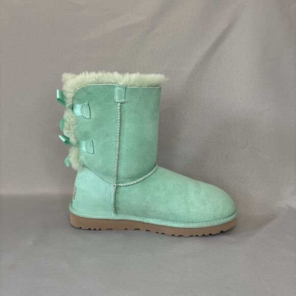 Women's UGG Boots Sz 7 Bailey Bow SFSP Aqua Suede Coquette Light Green Blue - Picture 11 of 16